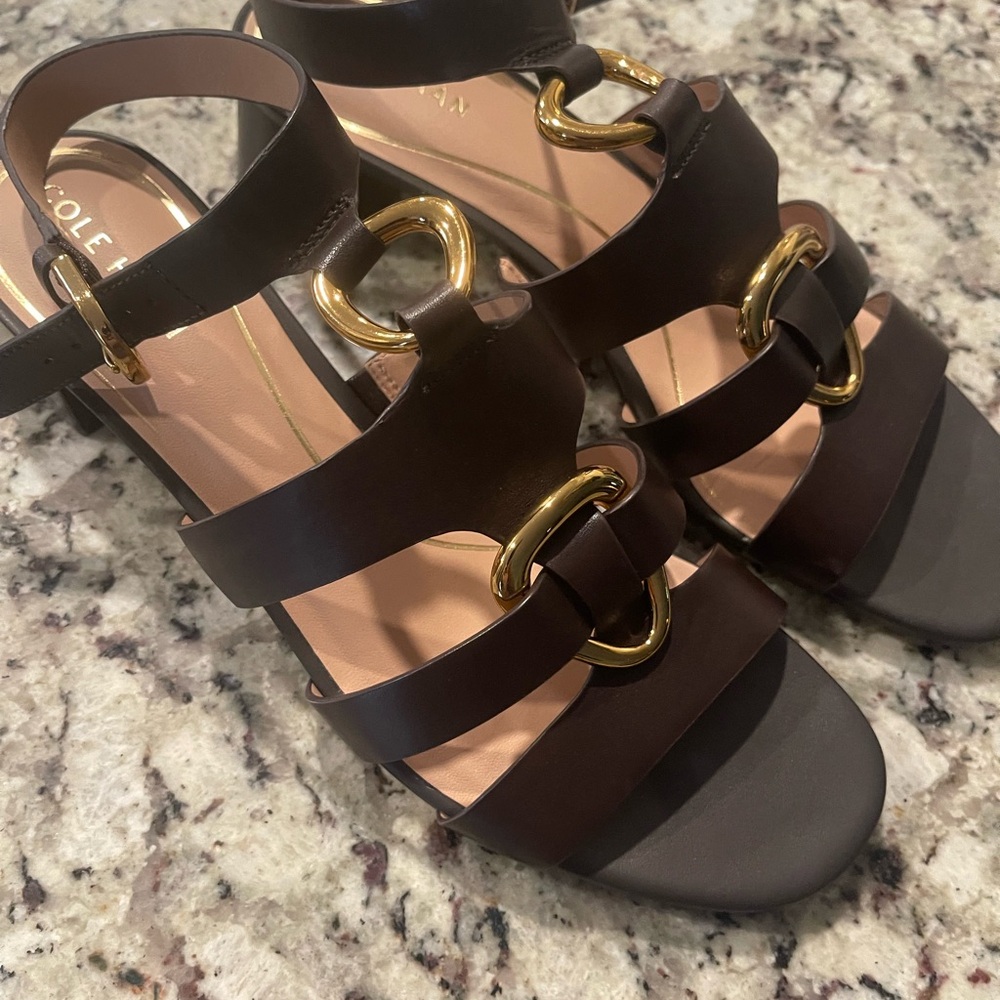 Chic Dark Brown Sandals with Gold Detailing - Picture 6 of 7